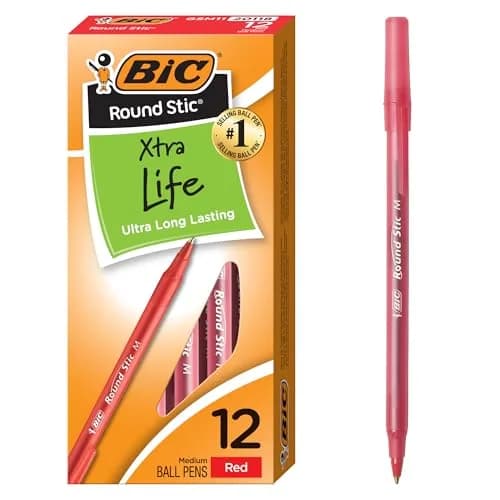 BIC Round Stic Xtra Life Red Ballpoint Pens, Medium Point (1.0mm), 12-Count Pack | Smooth Writing Comfort thumbnail 1