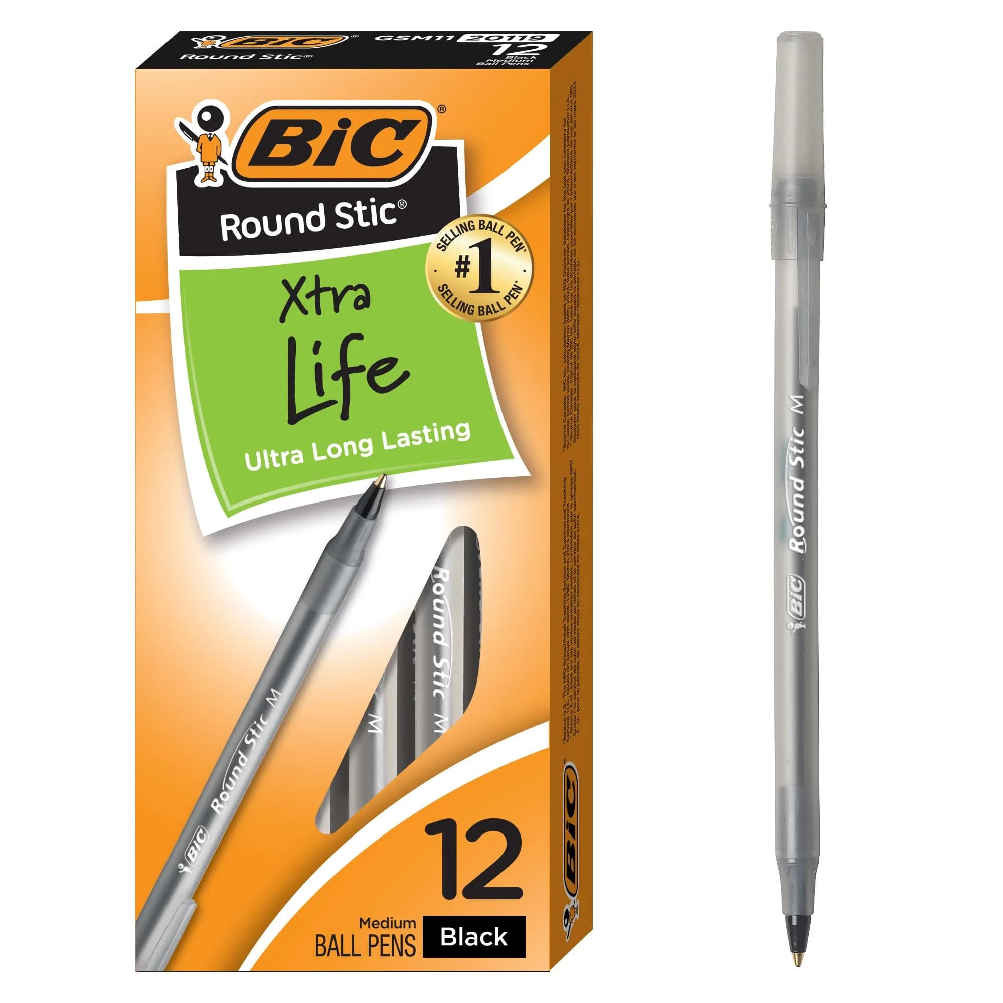 BIC Round Stic Xtra Life Black Ballpoint Pens, 1.0mm Medium Point, 12-Count Pack - main product image