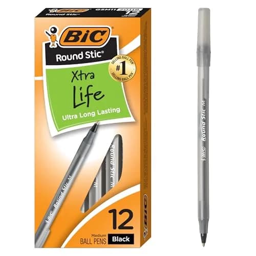 BIC Round Stic Xtra Precision Blue Ballpoint Pens 0.8mm (12-Count Pack) | Smooth Ink Flow — Black