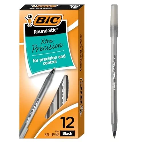 BIC Round Stic Xtra Precision Fine Black Ballpoint Pens, 0.8mm (12-Count Pack) | Smooth Ink Flow thumbnail 1