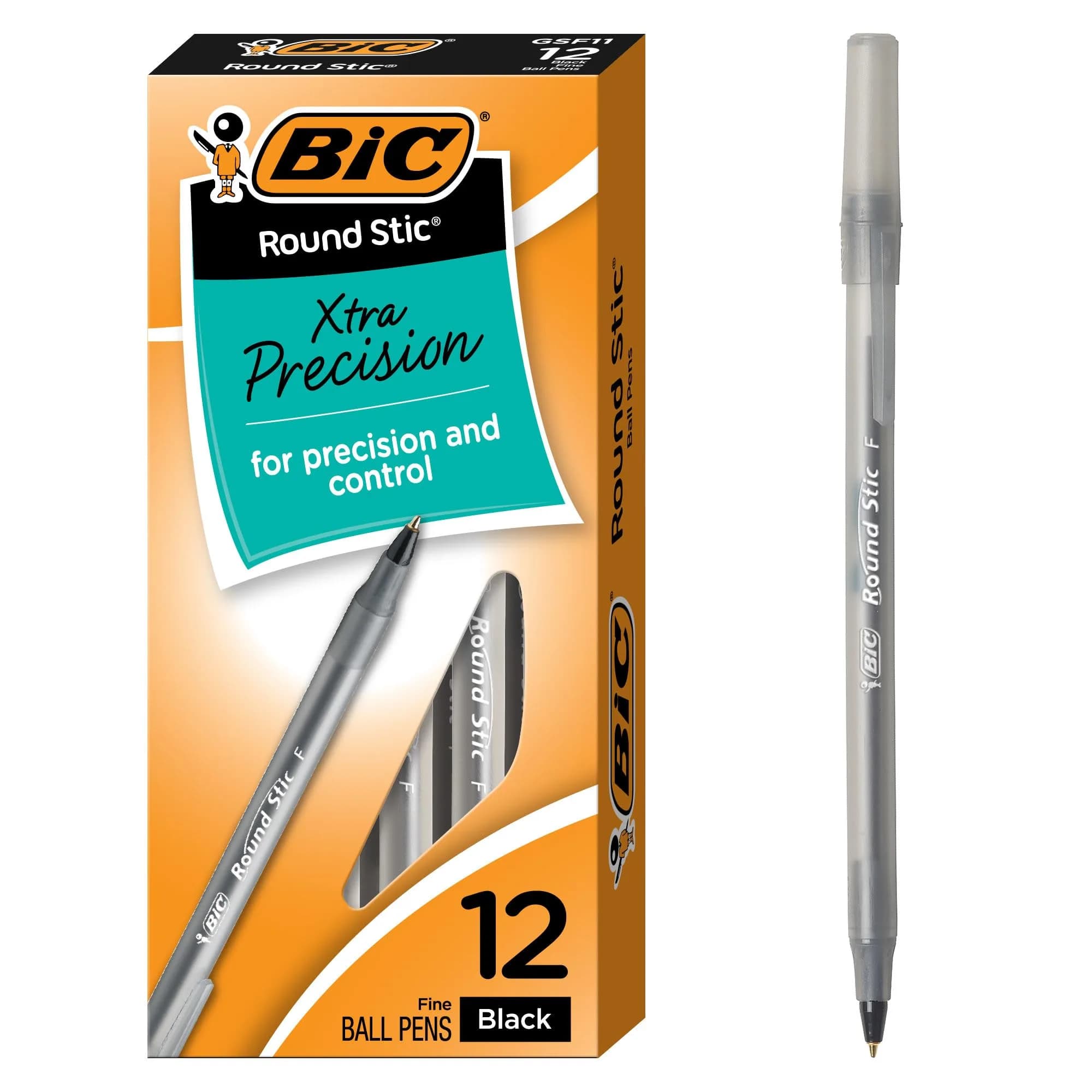 BIC Round Stic Xtra Precision Blue Ballpoint Pens 0.8mm (12-Count Pack) | Smooth Ink Flow — Yellow