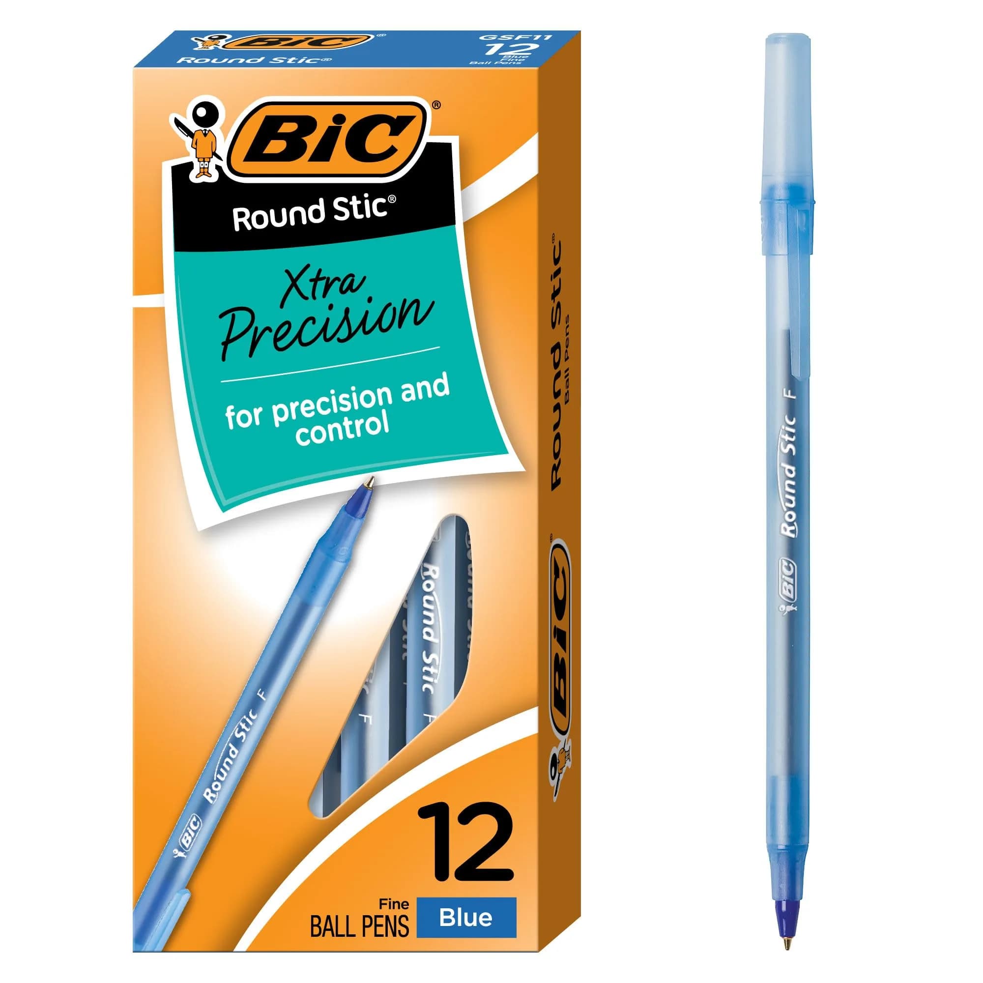 BIC Round Stic Xtra Precision Blue Ballpoint Pens 0.8mm (12-Count Pack) | Smooth Ink Flow - main product image