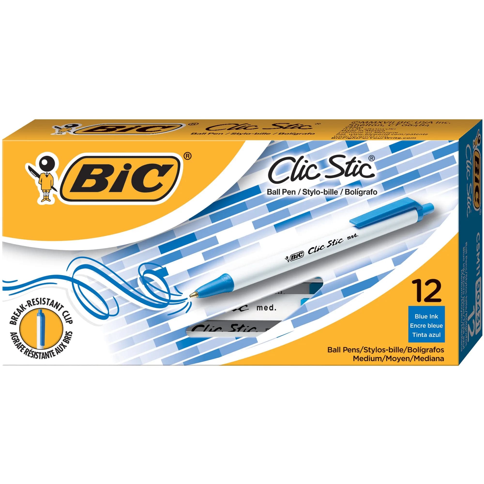 BIC Clic Stic Blue Retractable Ballpoint Pens 12 Pack | Medium Point, Comfortable Round Barrel — Blue