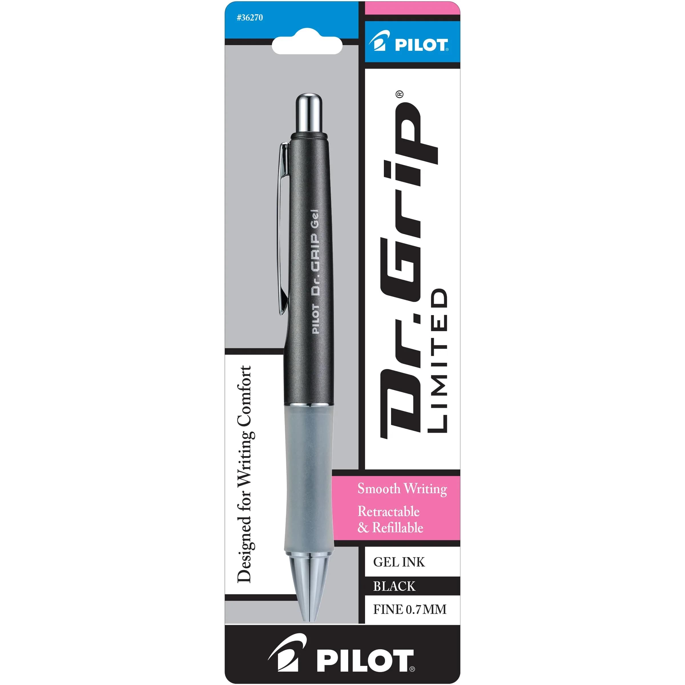 PILOT Dr. Grip Limited Refillable & Retractable Gel Pen, Black Barrel, Fine Point 0.7mm | Arthritis Foundation Commended Ergonomic Grip - main product image