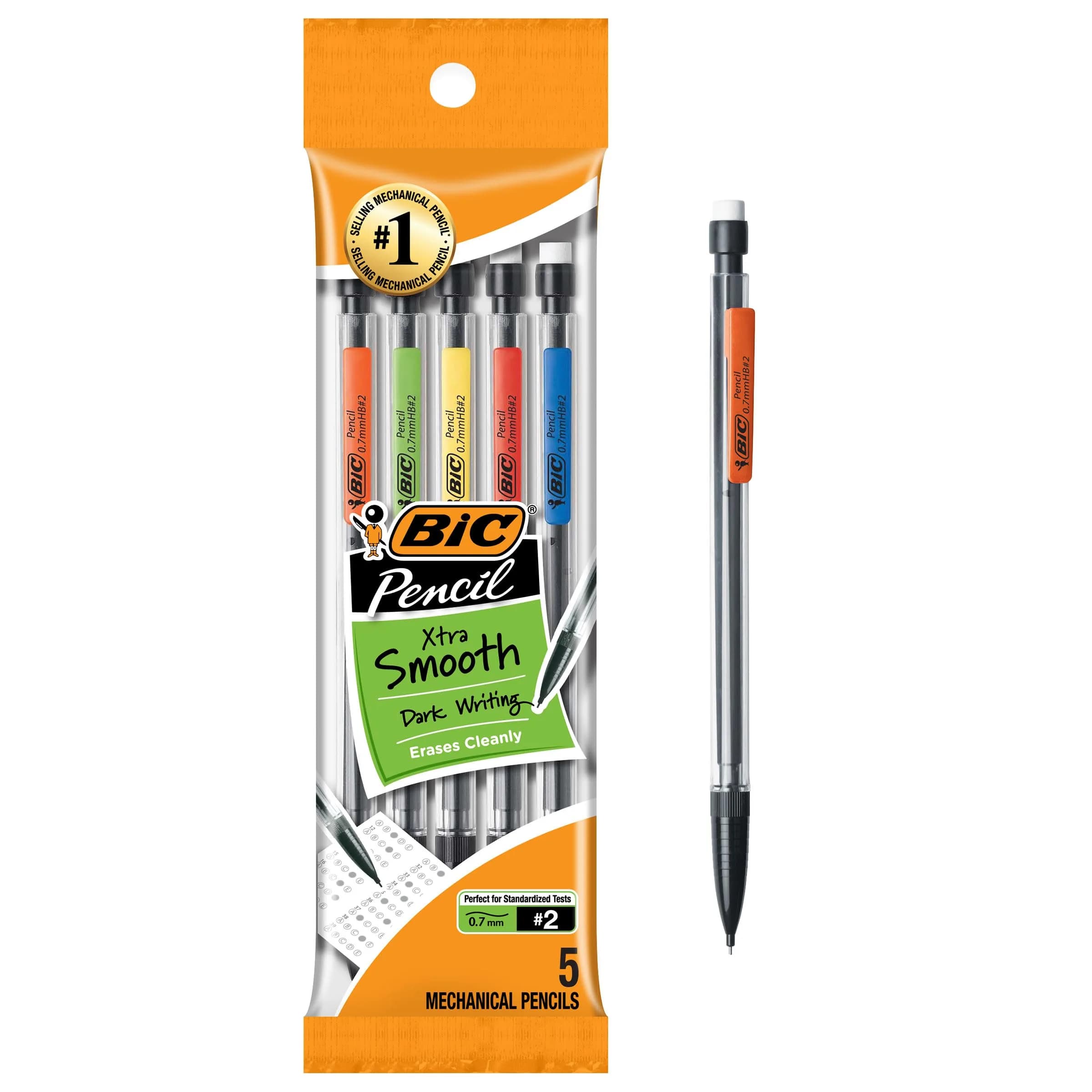 BIC Xtra-Smooth Mechanical Pencils with Erasers 5 Pack | Smudge-Free No Sharpening — Multicolor