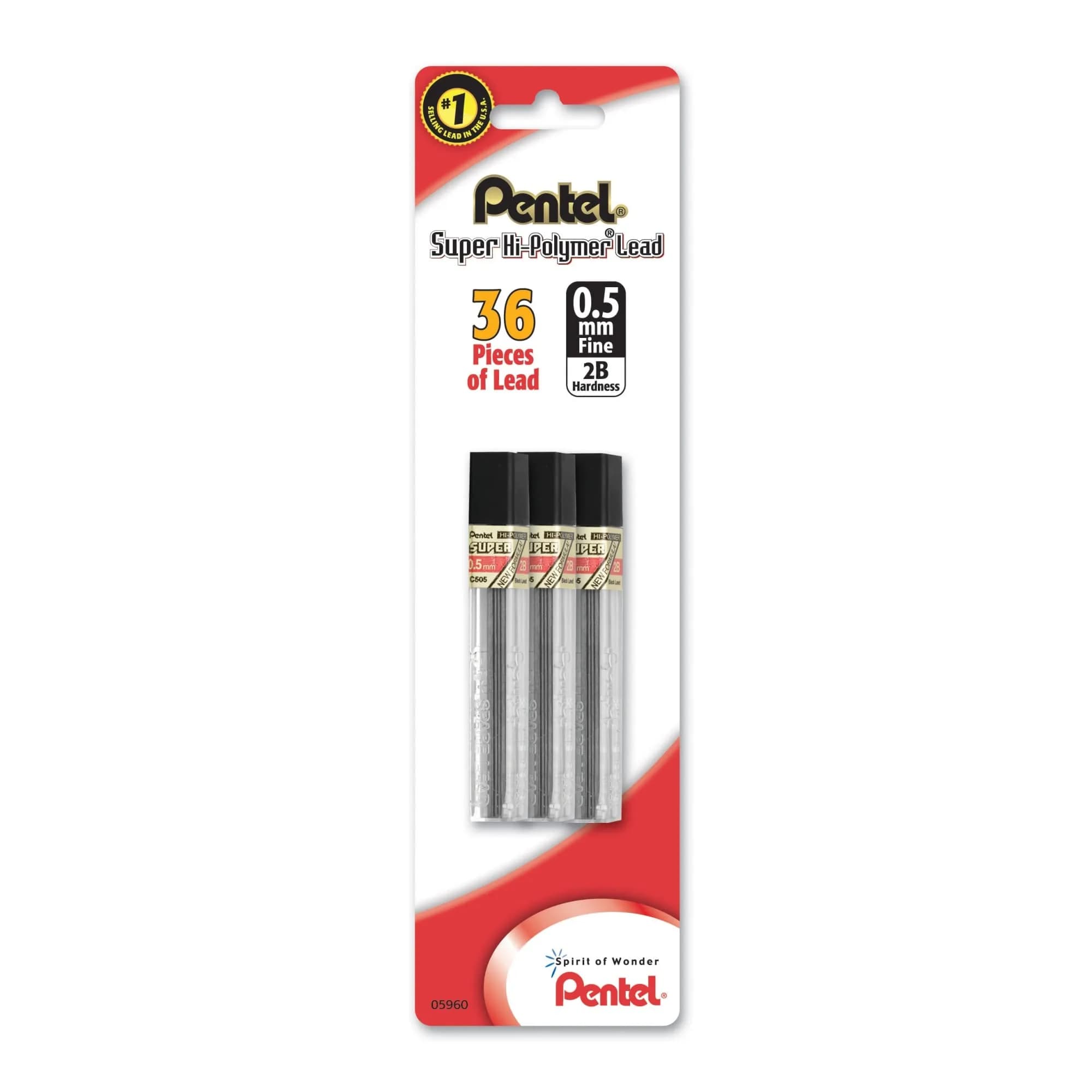Pentel Super Hi-Polymer Lead Refill 0.5mm 2B | 36 Pieces (12 Count x 3 Tubes) — Gray