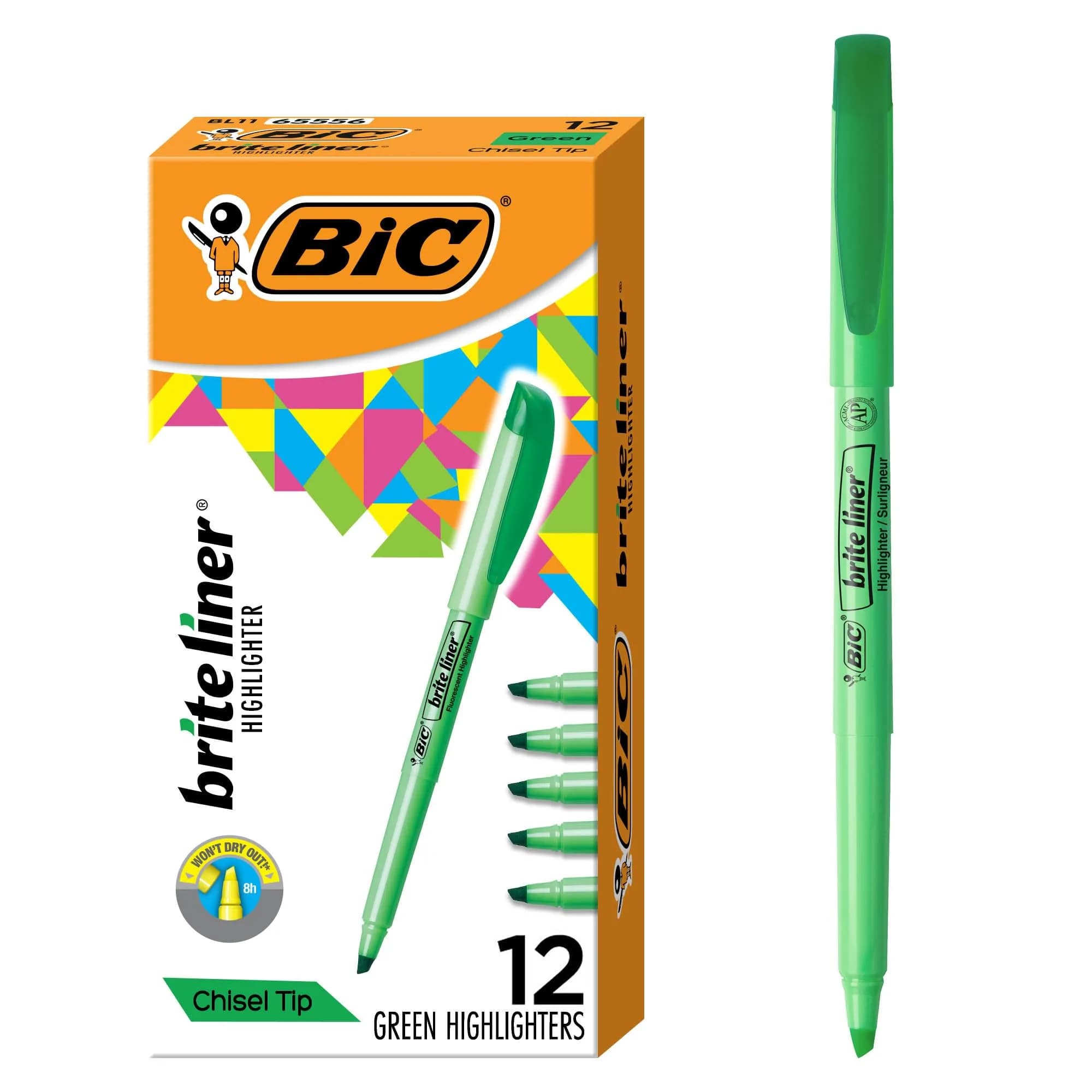 BIC Brite Liner Green Highlighters, Chisel Tip, 12-Count Pack | ACMI-Approved - main product image