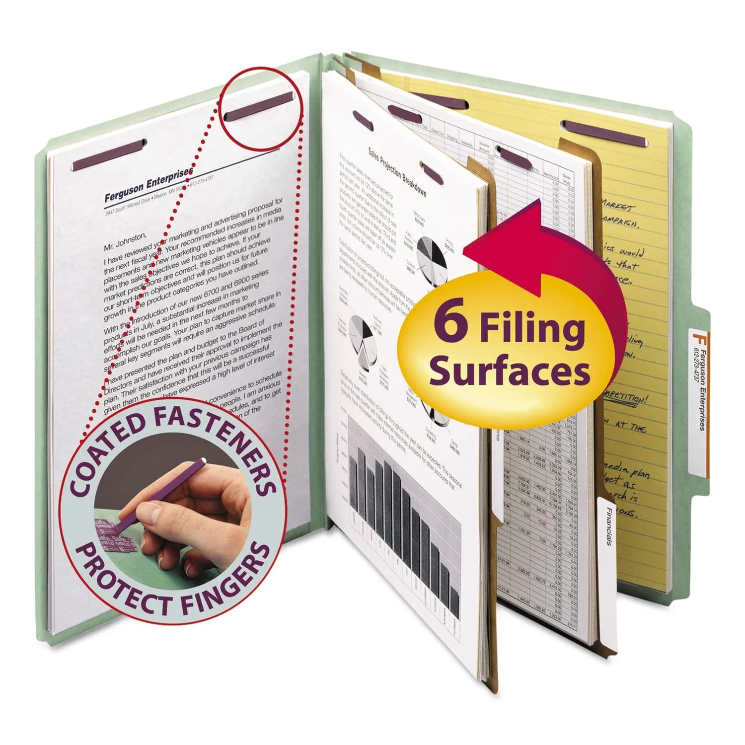 Smead Pressboard Classification File Folder with SafeSHIELD Fasteners, 2 Dividers, 2" Expansion, Letter Size, Gray/Green, 10 per Box | 25 pt. Pressboard - main product image
