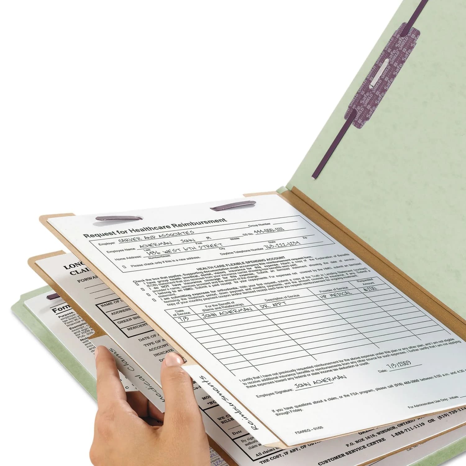 Smead Pressboard Classification File Folder with SafeSHIELD Fasteners, 2 Dividers, 2" Expansion, Letter Size, Gray/Green, 10 per Box | 25 pt. Pressboard - view 7