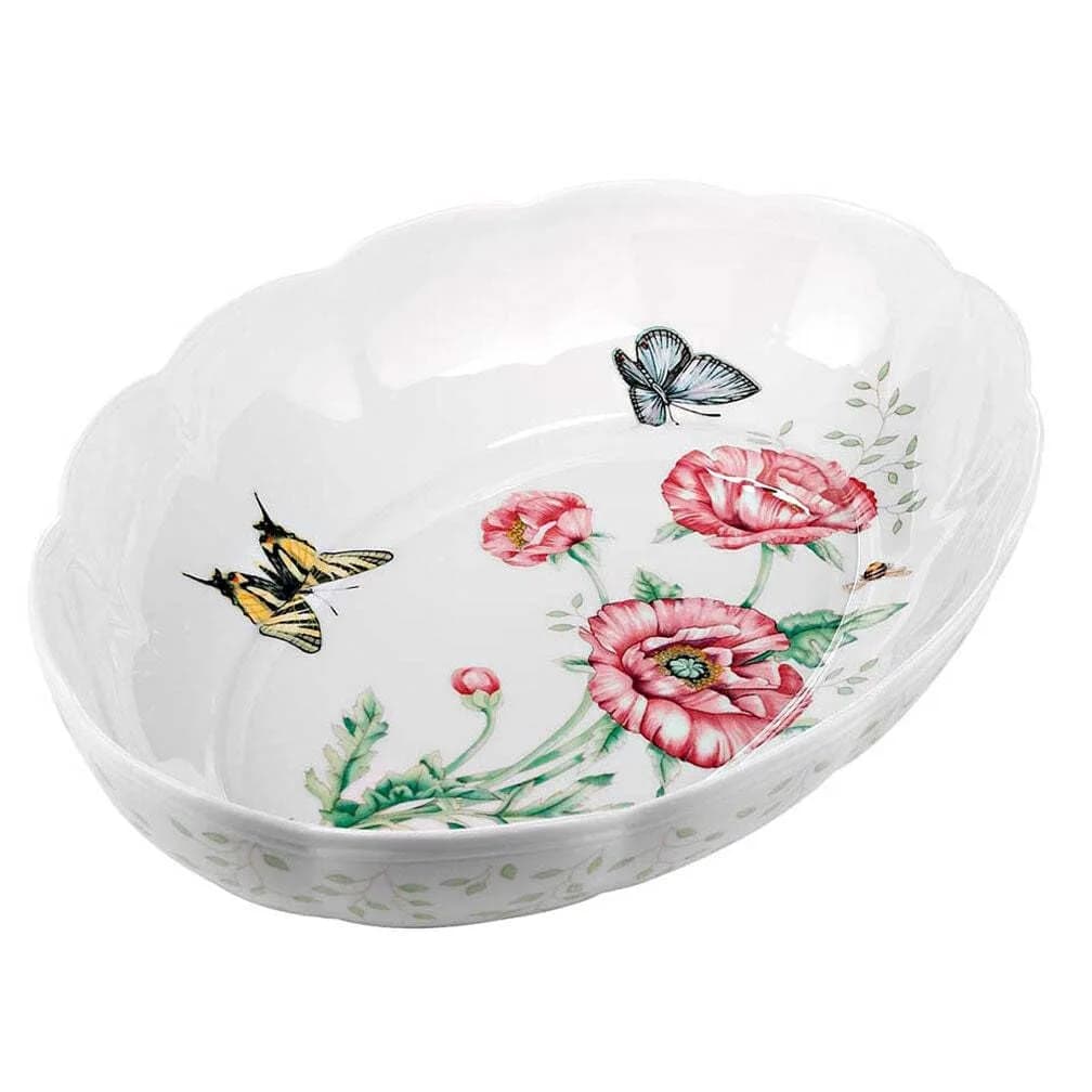 Lenox Butterfly Meadow Porcelain Pie Dish | Deep Blossom Design, 9.5" | Microwave & Dishwasher Safe — Scalloped Oval Baker