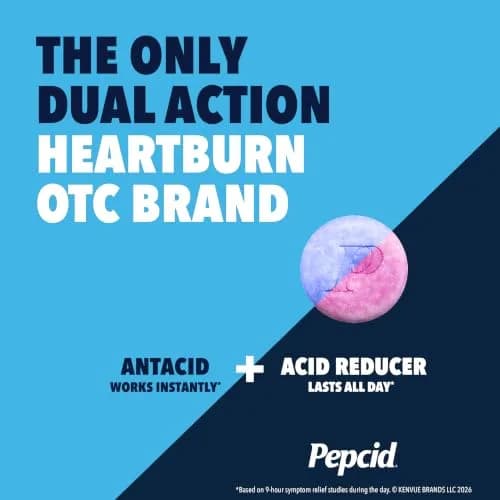Pepcid Complete Acid Reducer + Antacid Chews, Berry, 50 Ct | Dual Action Heartburn Relief Medication thumbnail 6