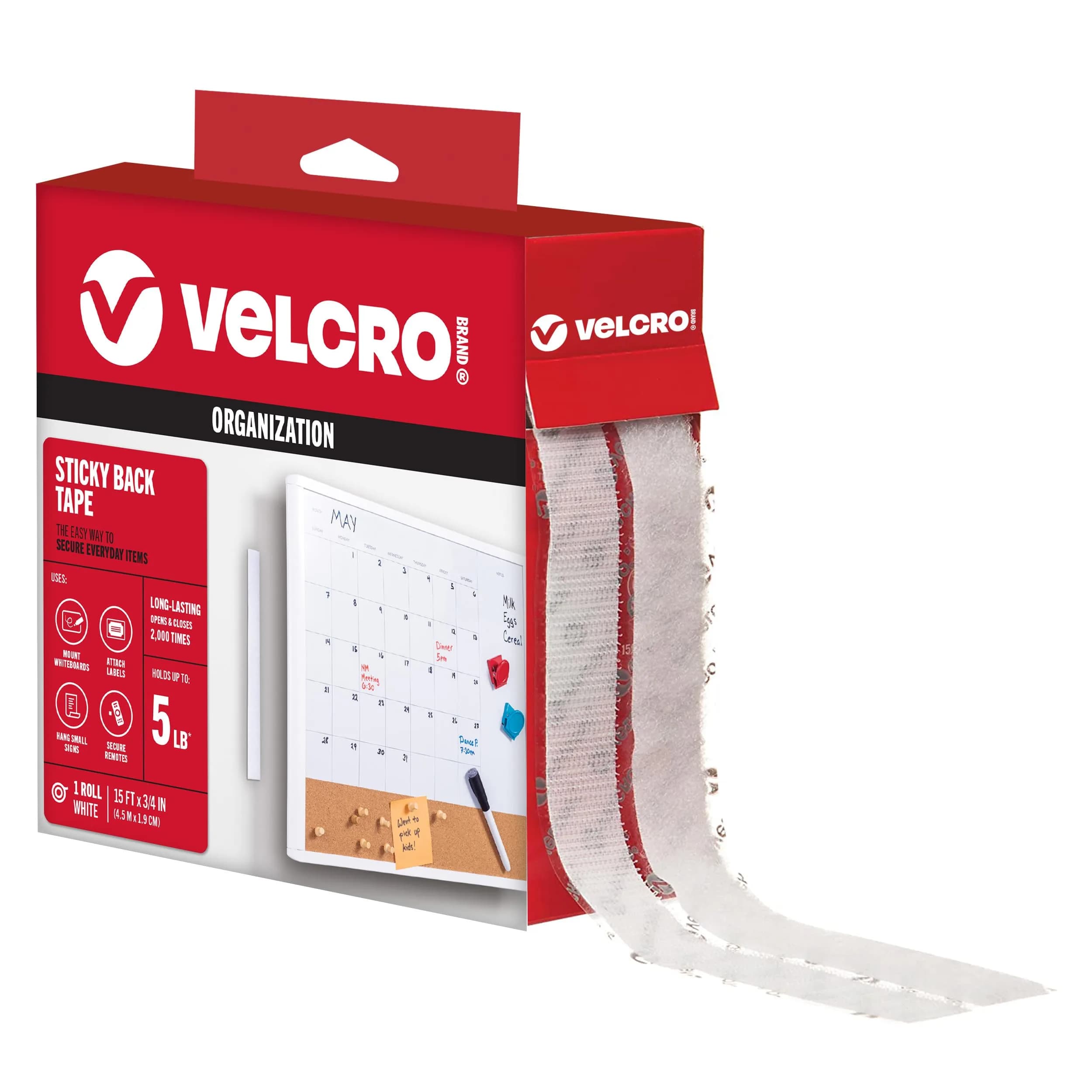 VELCRO Brand Sticky Back Hook and Loop Fasteners, White, 15 Ft Tape Roll | Strong Adhesive for Home & Office