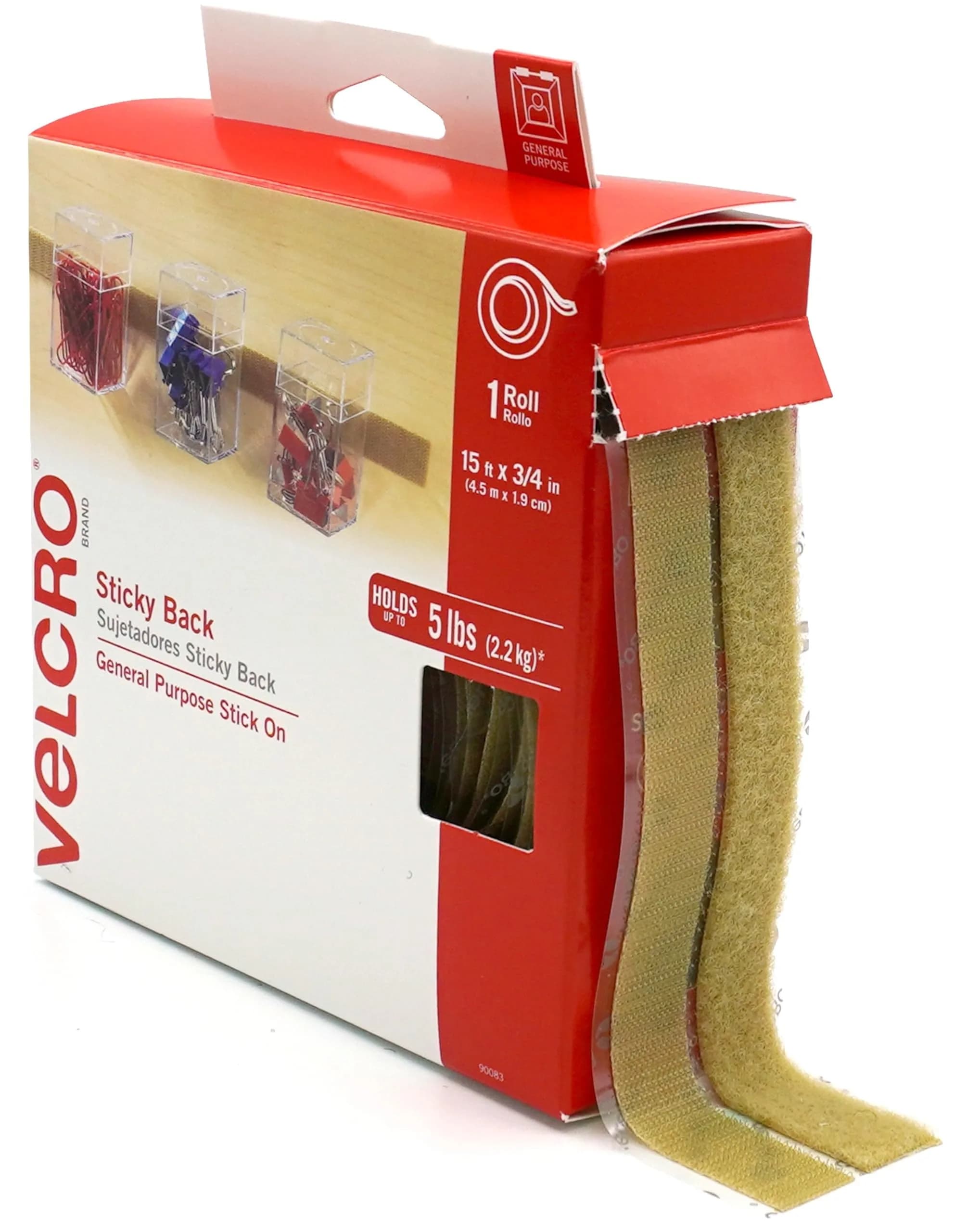 VELCRO Brand Sticky Back Hook and Loop Fasteners 15 Ft Tape Roll | Strong Adhesive for Home & Office — Beige