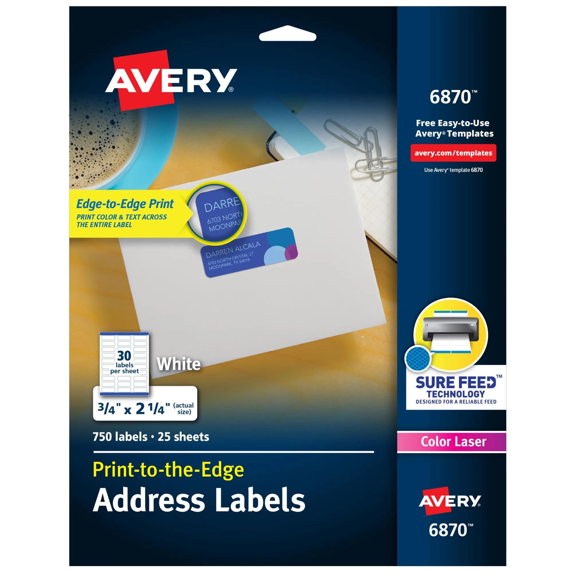 Avery Printable Address Labels 0.75" x 2.25" Matte White 750 Labels | Sure Feed Technology for Laser & Inkjet Printers — Color Laser