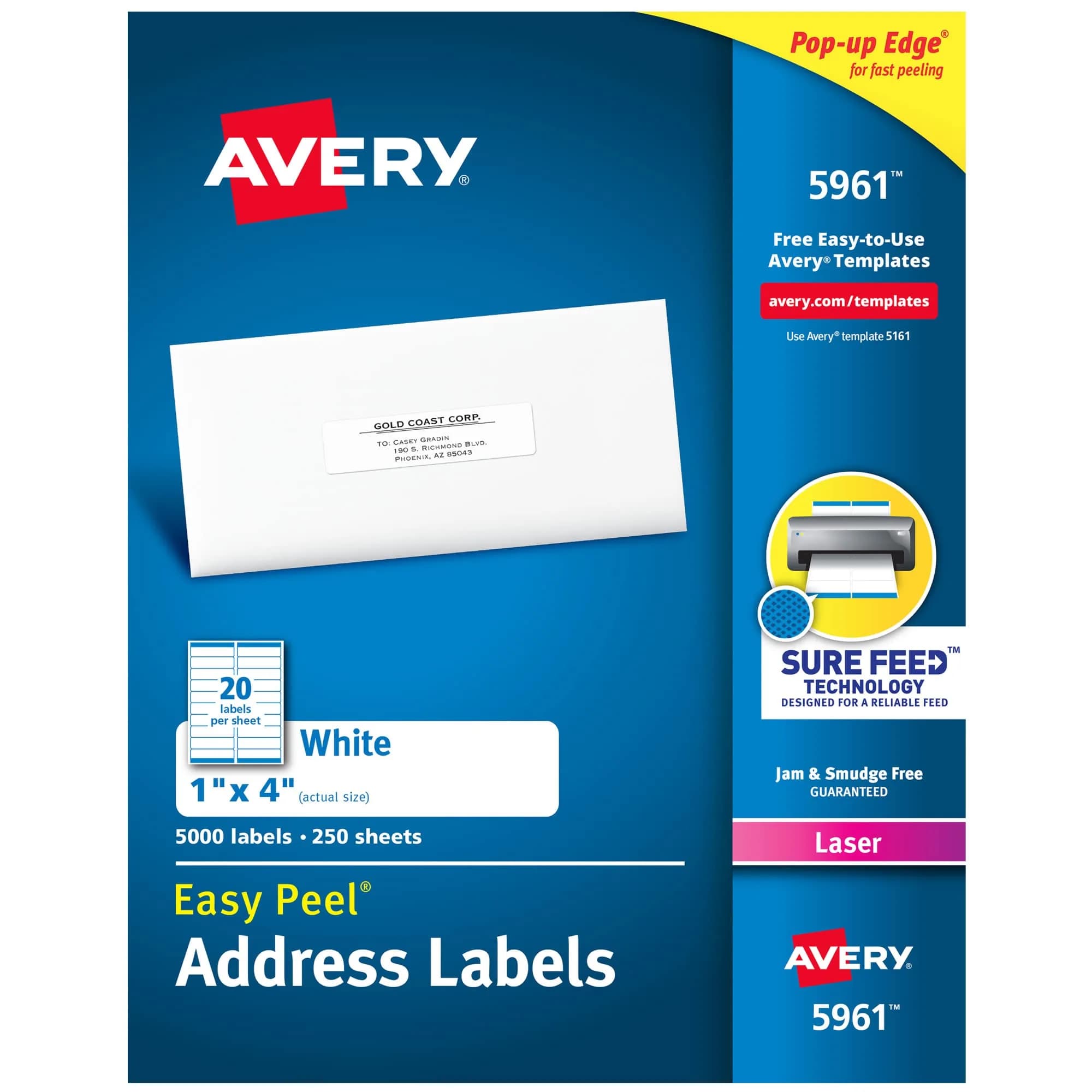 Avery Easy Peel Printable Address Labels with Sure Feed, 1" x 4", White, 5,000 Labels | Professional Grade - main product image