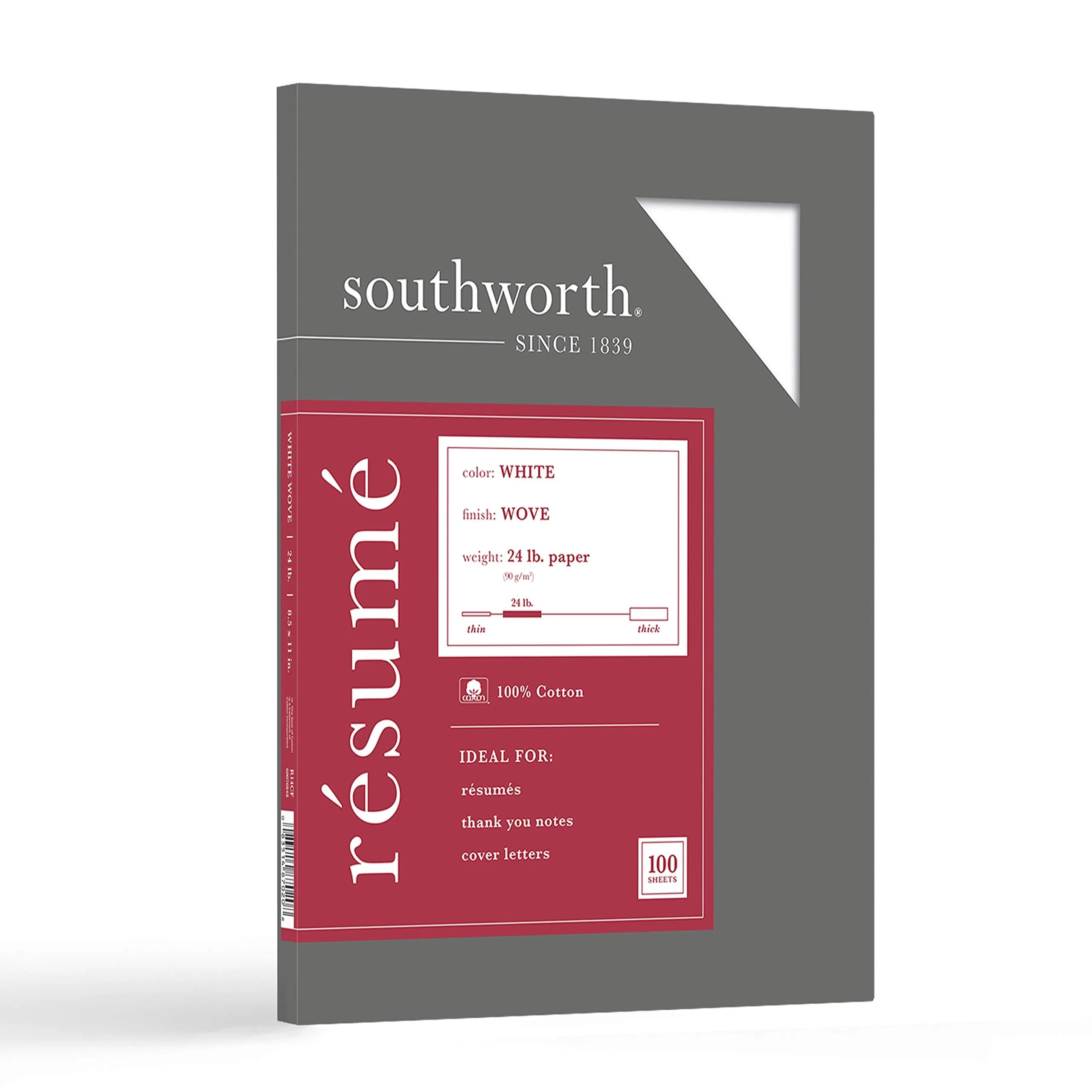 Southworth White Writing Paper 8.5 x 11 inch | 100 Sheets, 24 lbs, Cotton Resume Paper for Professional Use