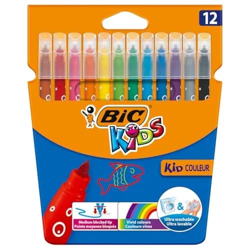 BIC Kids Kid Couleur Felt Tip Colouring Pens - Assorted Colours, Cardboard Wallet of 12 | Washable & Safe for Kids 5+ thumbnail 1