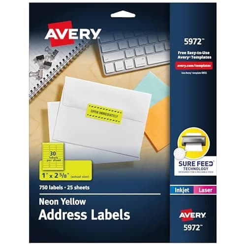 Avery Printable Address Labels 1" x 2-5/8" Neon Yellow | Sure Feed Technology, 750 Labels thumbnail 1