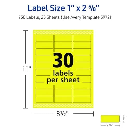 Avery Printable Address Labels 1" x 2-5/8" Neon Yellow | Sure Feed Technology, 750 Labels thumbnail 6