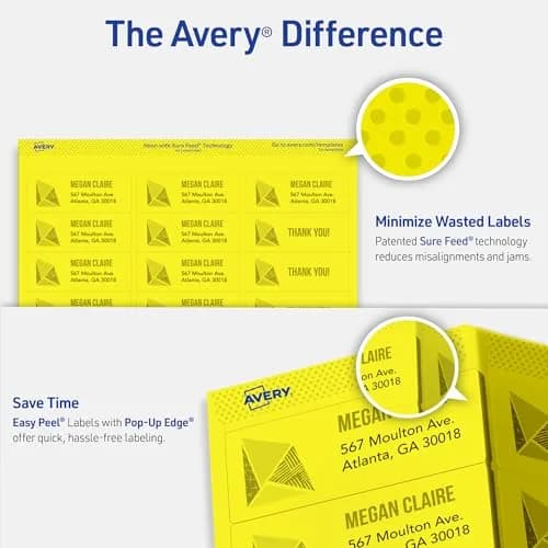 Avery Printable Address Labels 1" x 2-5/8" Neon Yellow | Sure Feed Technology, 750 Labels thumbnail 4