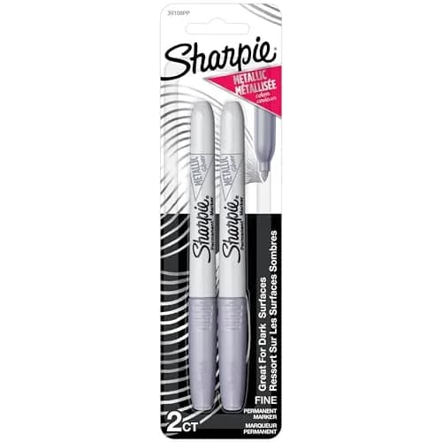 Sharpie Metallic Permanent Markers, Fine Point, Silver, 2 Count (0.5mm) | Brilliant Metallic Sheen on Dark Surfaces — Silver