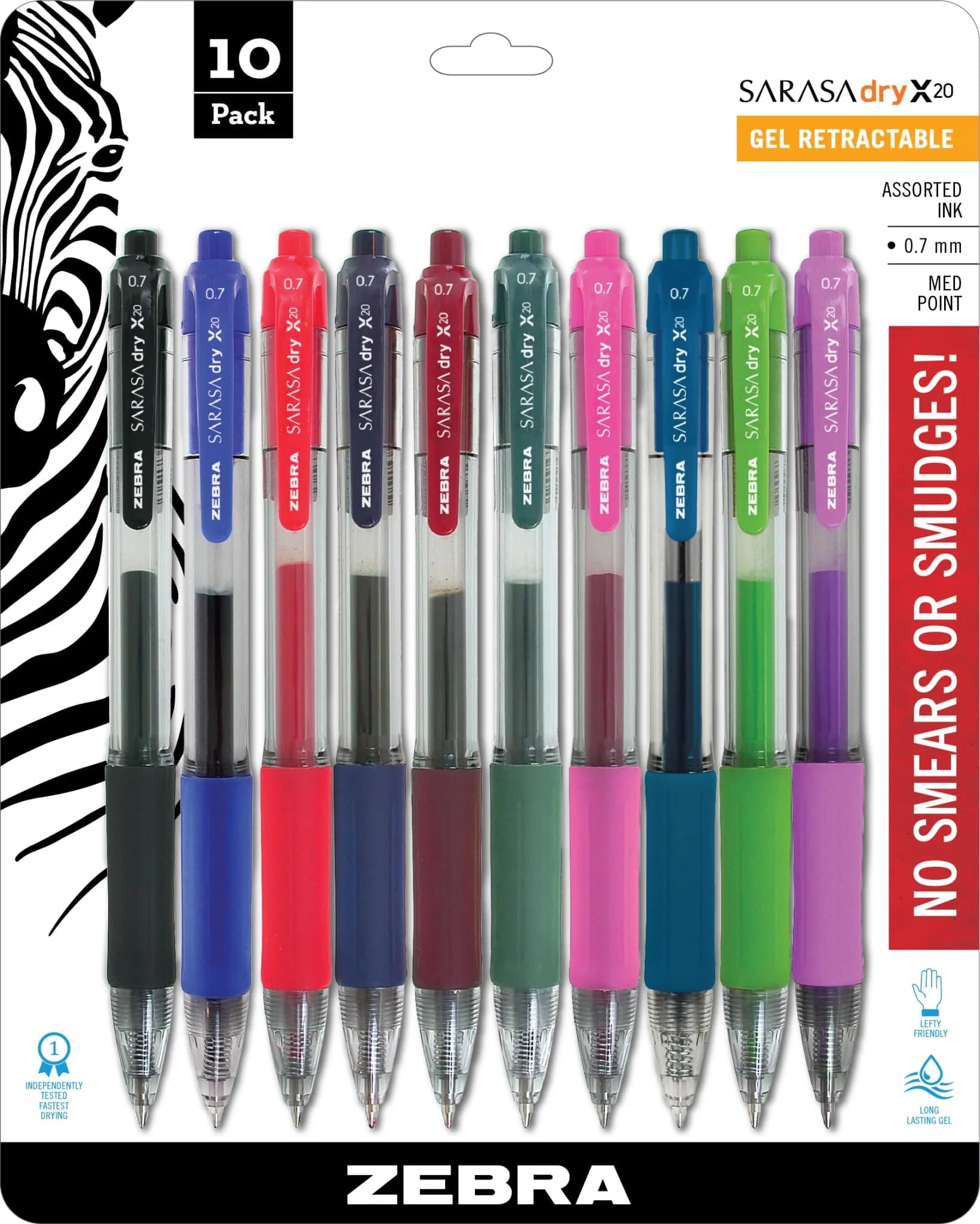 Zebra Pen SARASA X20 Retractable Gel Pens, Assorted Ink, 0.7mm, 10-Pack | Smooth Writing, Rapid Dry Ink - main product image