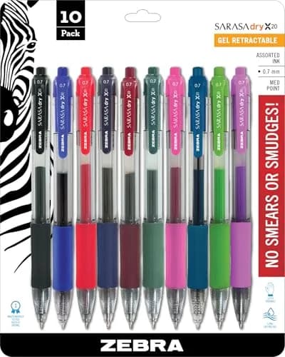 Zebra Pen SARASA X20 Retractable Gel Pens, Assorted Ink, 0.7mm, 10-Pack | Smooth Writing, Rapid Dry Ink thumbnail 1