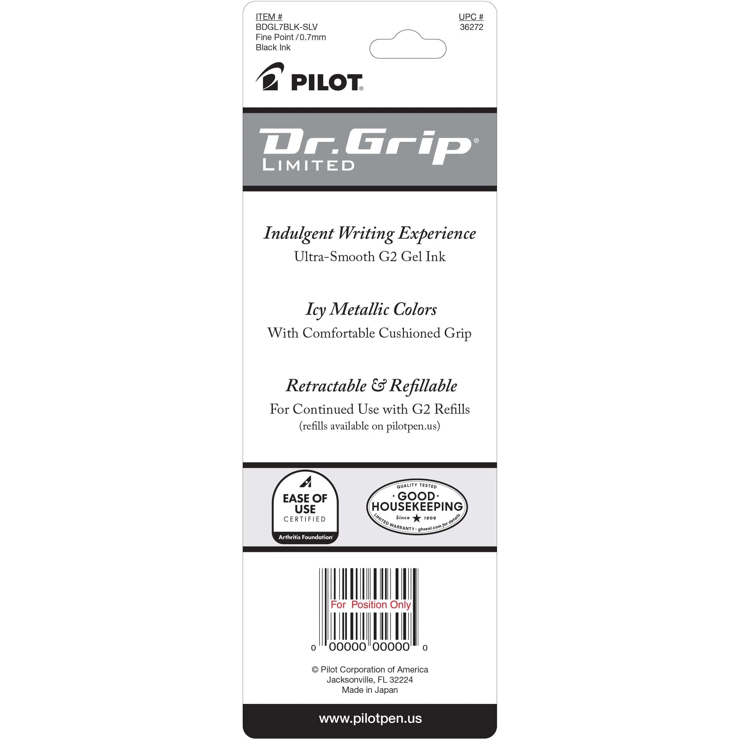 PILOT Dr. Grip Limited Gel Pen, Silver Barrel, Black Ink, Fine Point 0.7mm - view 2
