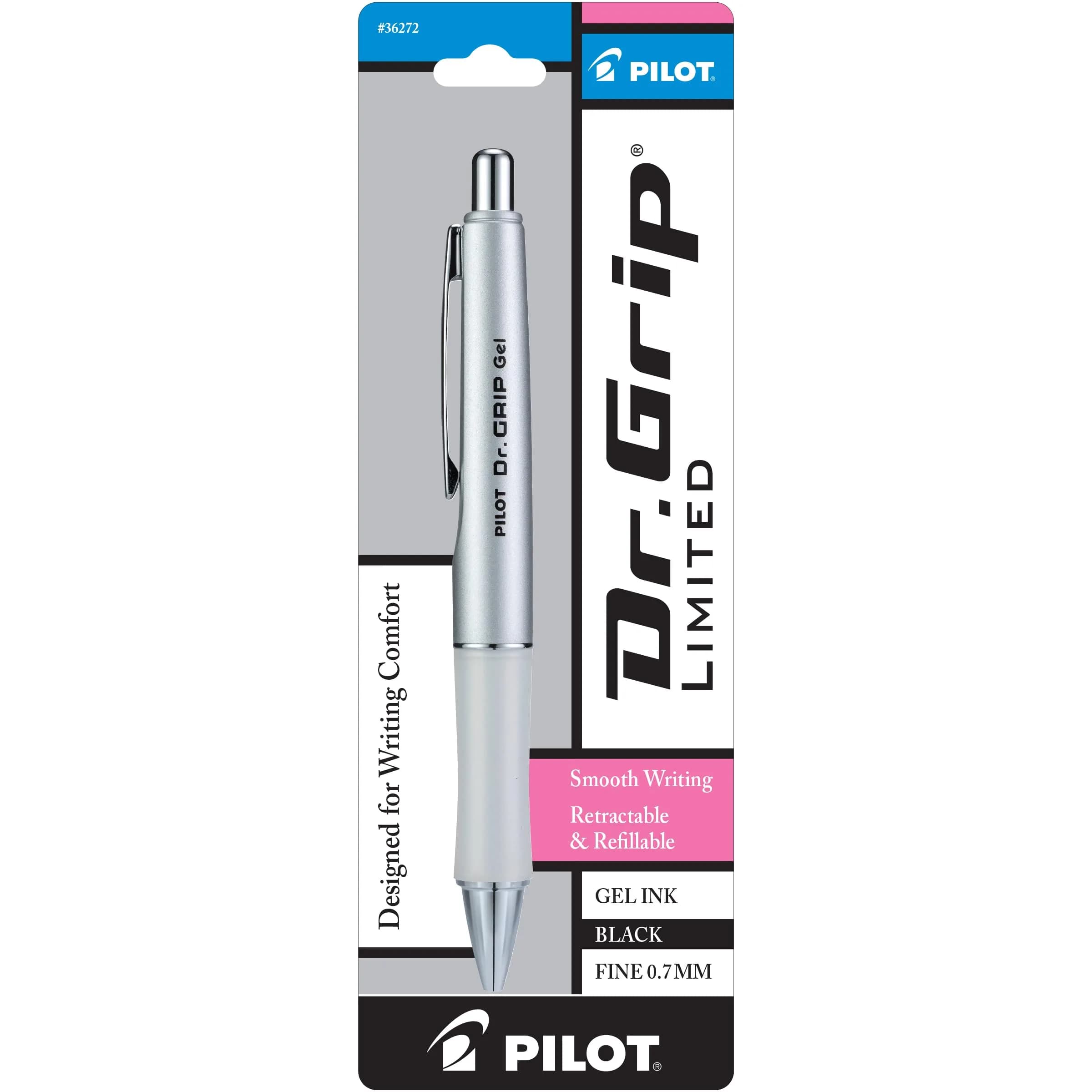 PILOT Dr. Grip Limited Gel Pen, Black Ink, Fine Point 0.7mm | Ergonomic Writing Instrument — Silver