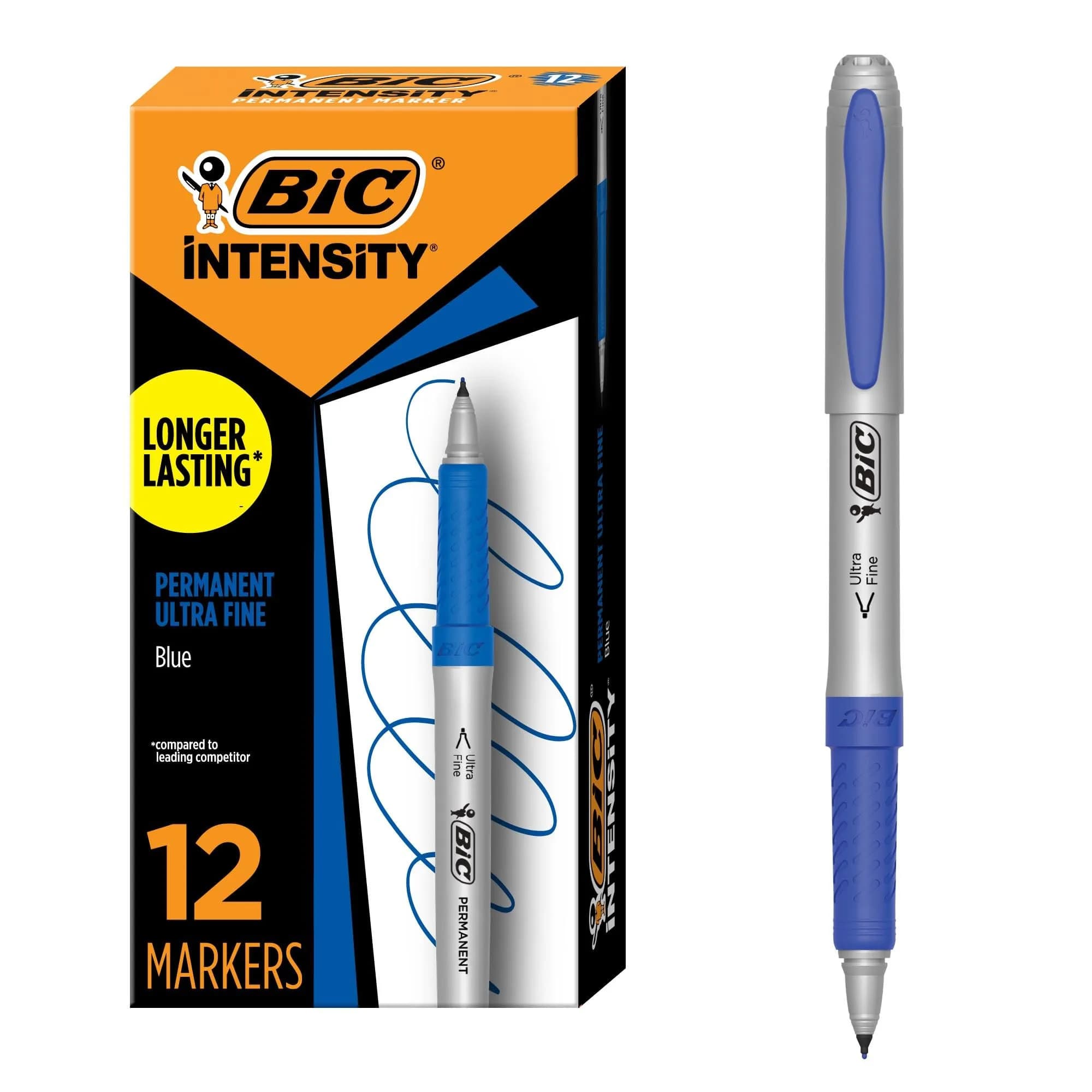 BIC Intensity Blue Permanent Markers, Ultra Fine Point, 12-Count Pack | Precise, Long-Lasting Blue Markers with Soft Grip