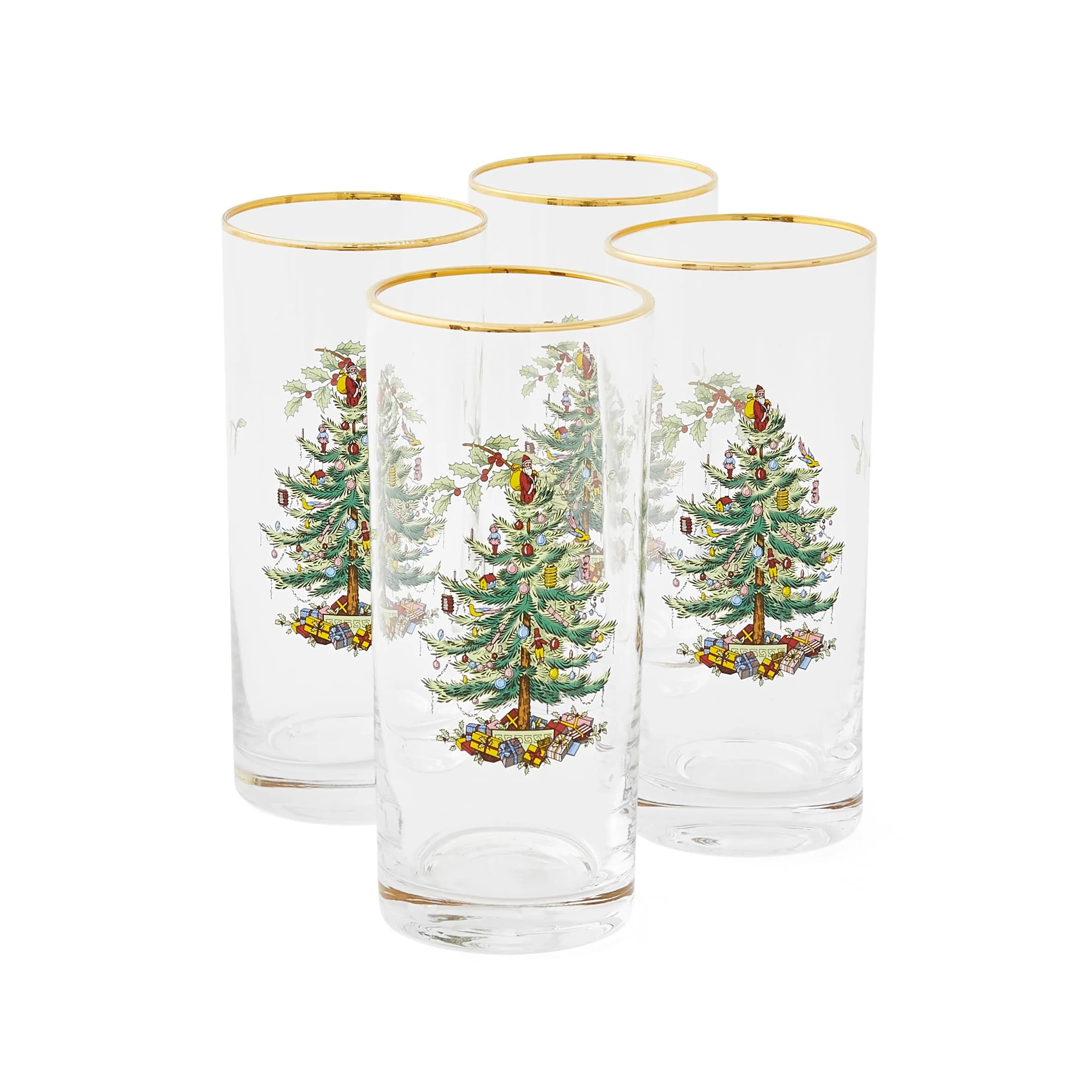 Spode Christmas Tree 15oz Highball Glasses Set of 4 | Gold-Rimmed Holiday Drinkware for Christmas & New Year