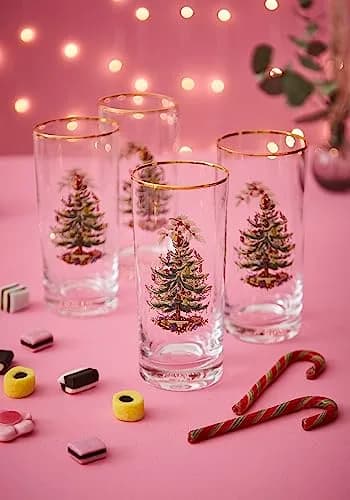 Spode Christmas Tree 15oz Highball Glasses Set of 4 | Gold-Rimmed Holiday Drinkware for Christmas & New Year thumbnail 2