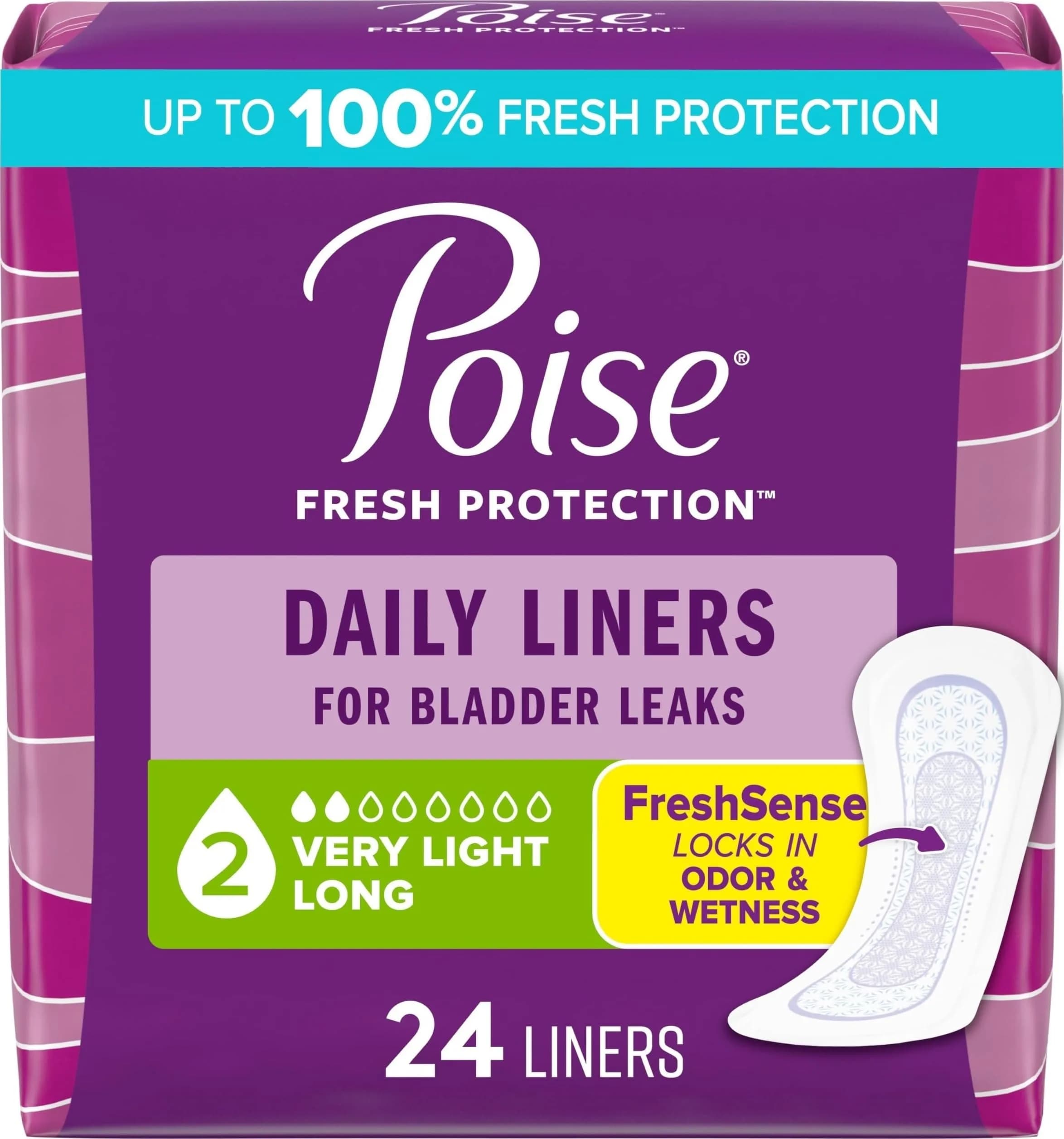 Poise Daily Liners for Bladder Leaks, Long Length, 24 Count - Discreet Protection You Can Trust - main product image
