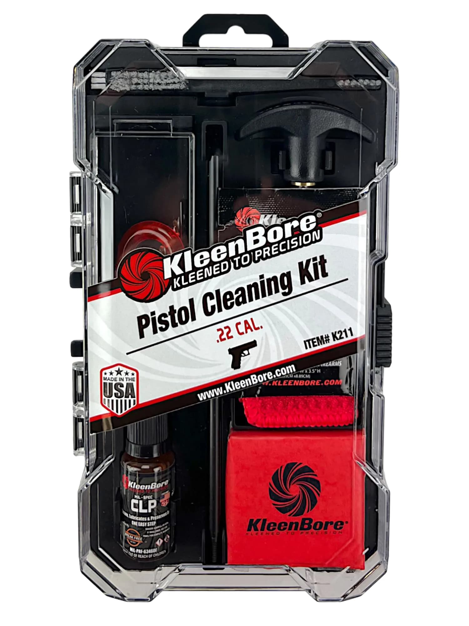 KleenBore .22 Cal Pistol Cleaning Kit – Handgun Kit with Steel Rod, Bore Brush, Jag, CLP & Patches - main product image