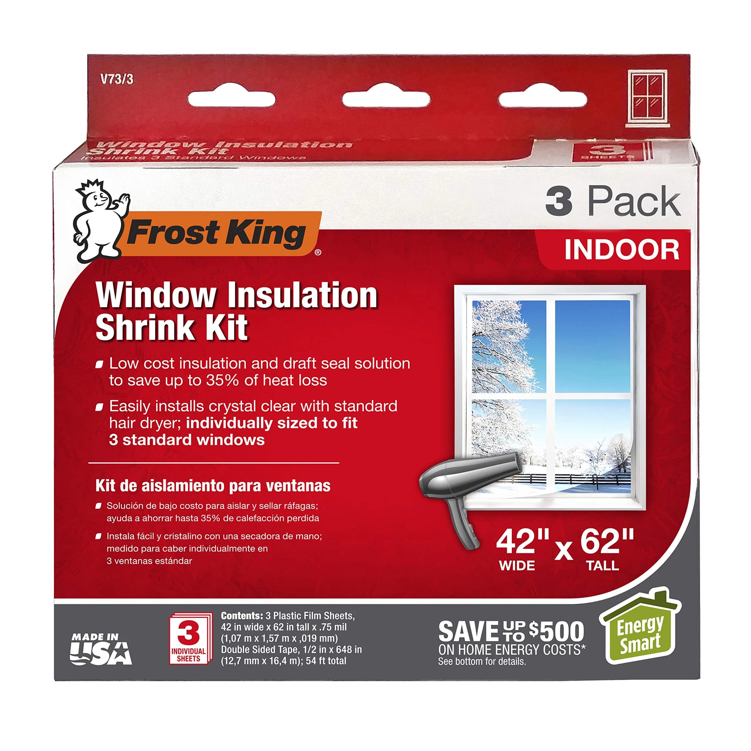 Frost King V73/3H Shrink Window Kit 42 x 62 in | Indoor Weatherproofing Solution — Clear