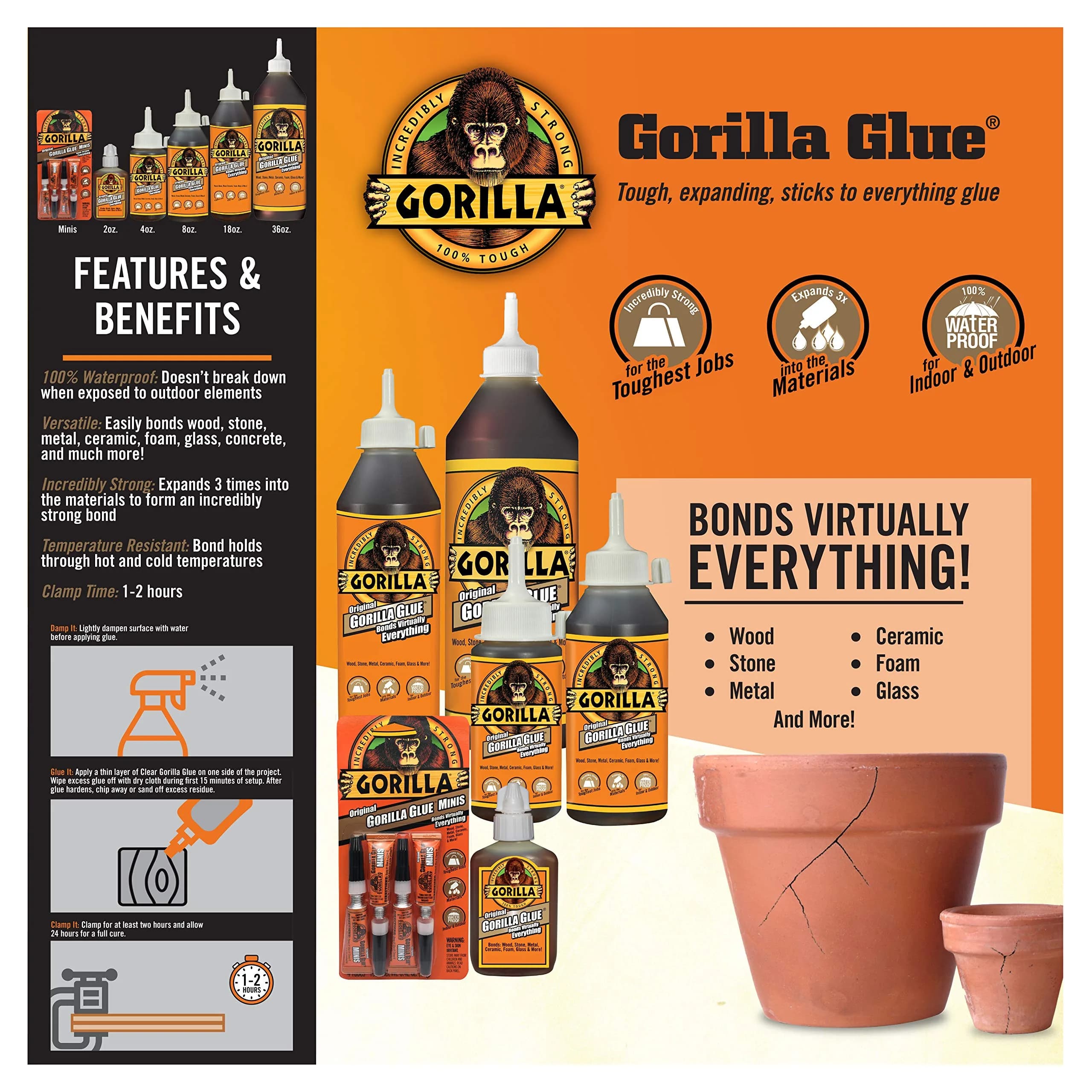 Gorilla Original Waterproof Polyurethane Glue 59ml (2 Fl Oz) | Bonds Wood, Stone, Metal, Ceramic, Foam, Glass, Concrete - view 3