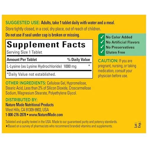Nature Made L-Lysine 1000 mg Tablets 60 Count | Essential Amino Acid for Protein Synthesis thumbnail 6