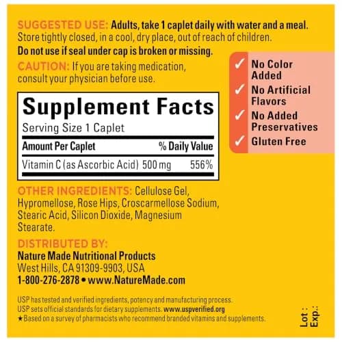 Nature Made Vitamin C 500 mg with Rose Hips Caplets 130 Count | Immune Support & Antioxidant Power thumbnail 7