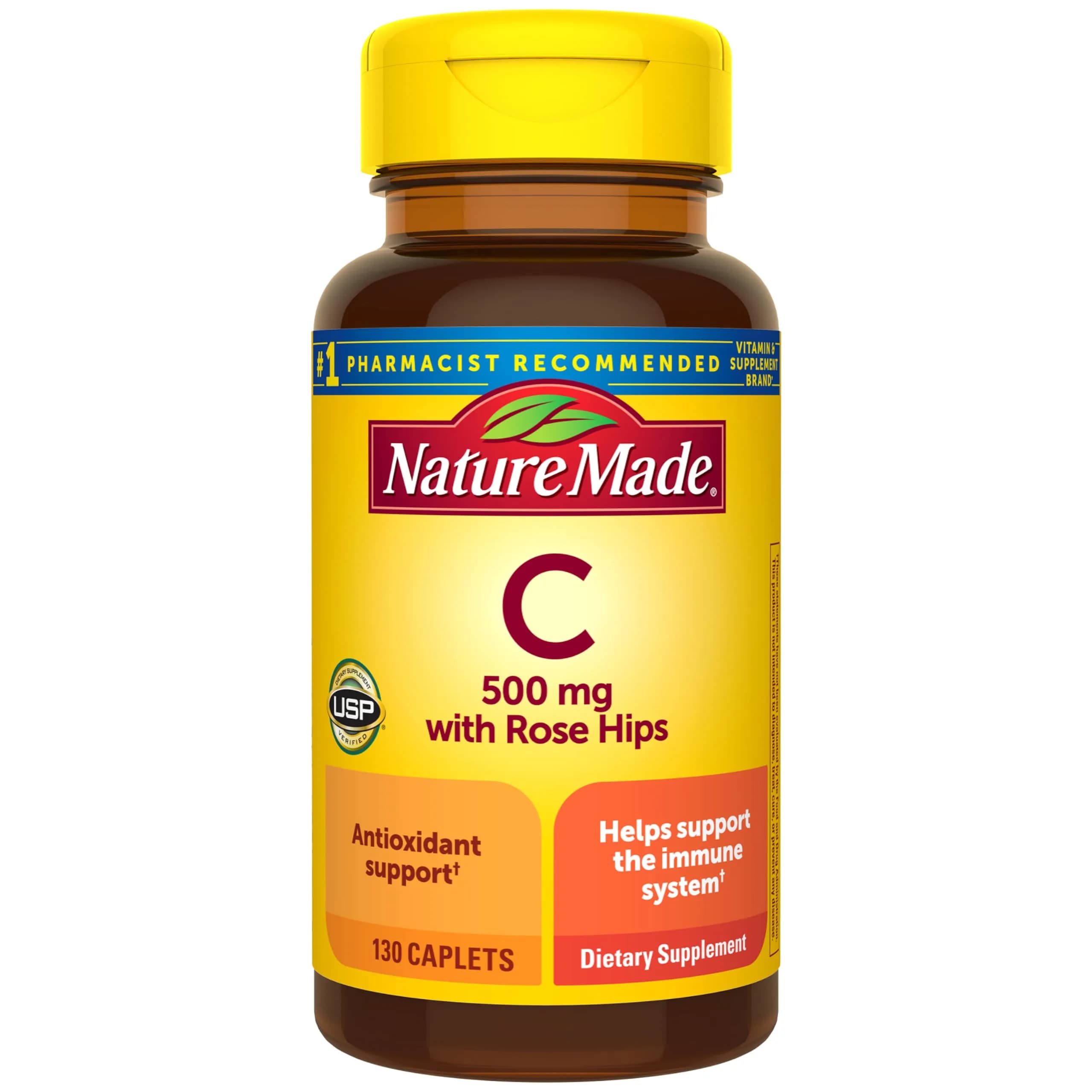 Nature Made Vitamin C 500 mg with Rose Hips Caplets 130 Count | Immune Support & Antioxidant Power - main product image