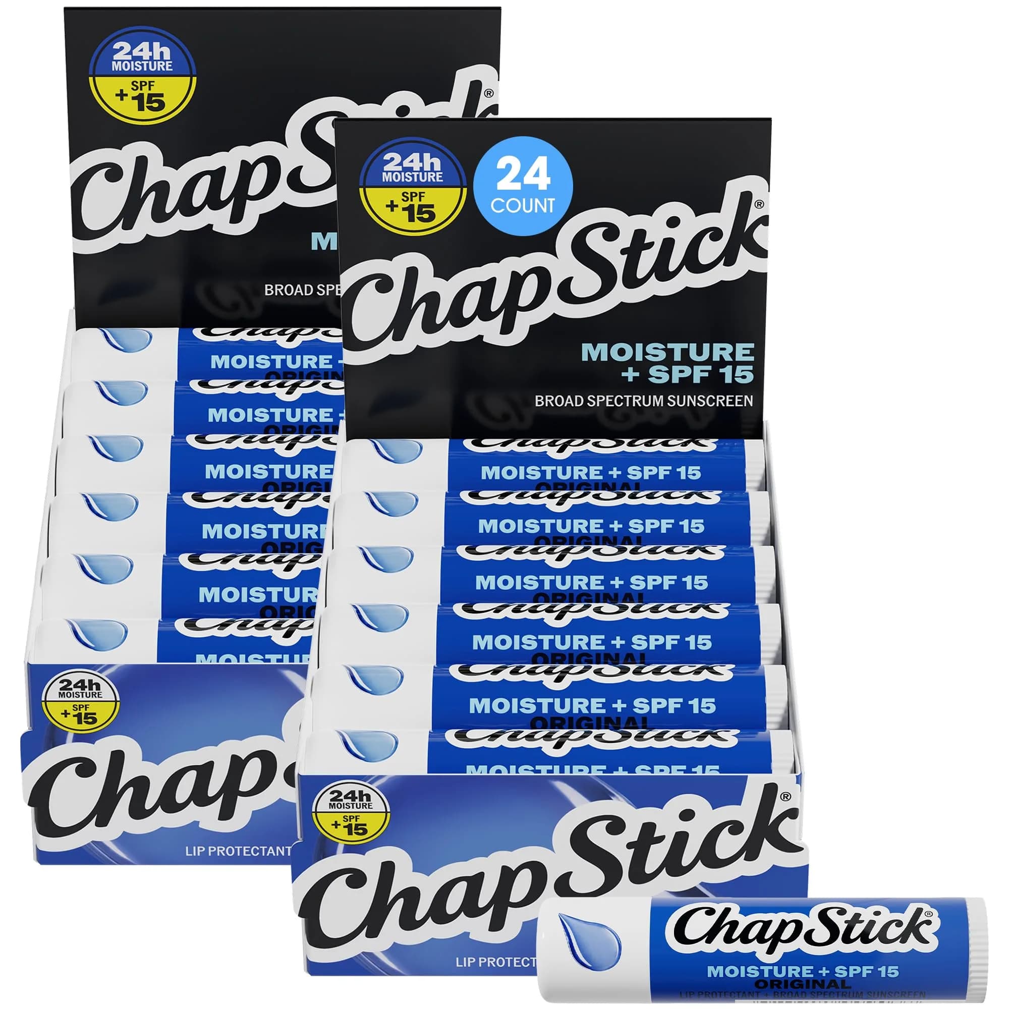ChapStick Moisture + SPF 15 Bulk Lip Balm Sunscreen 24-Pack, 0.15 Oz Ea | Hydrates & Protects with Broad Spectrum SPF 15 — (3.6 Ounce)