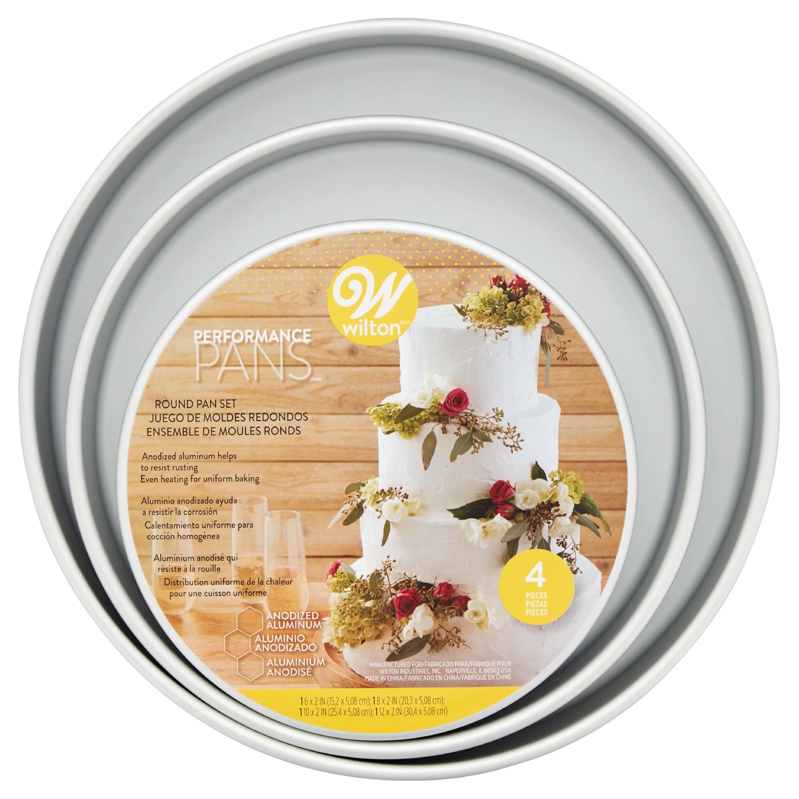 Wilton Aluminum Round Cake Pan Set, 4-Piece (8, 10, 12, 14 inch) | Even Heat Distribution for Multi-Tiered Cakes