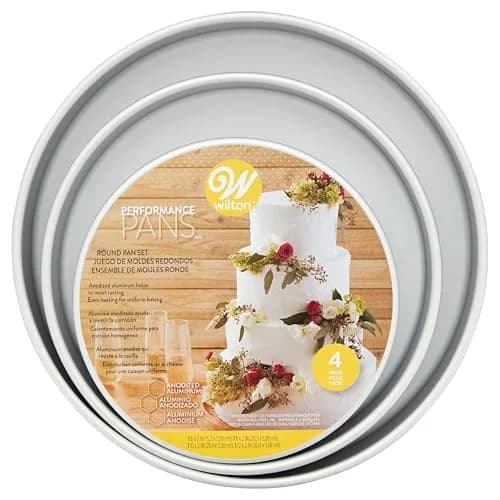 Wilton Aluminum Round Cake Pan Set, 4-Piece (8, 10, 12, 14 inch) | Even Heat Distribution for Multi-Tiered Cakes thumbnail 1