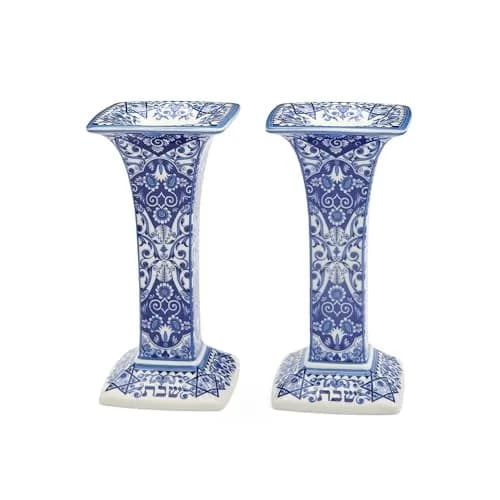Spode Judaica Sabbath Candlesticks Set of 2 | Elegant Blue & White Ceramic Candle Holders for Shabbat & Holidays thumbnail 1