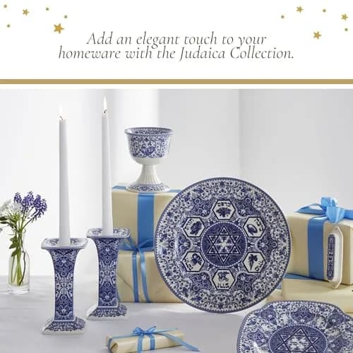 Spode Judaica Sabbath Candlesticks Set of 2 | Elegant Blue & White Ceramic Candle Holders for Shabbat & Holidays thumbnail 5