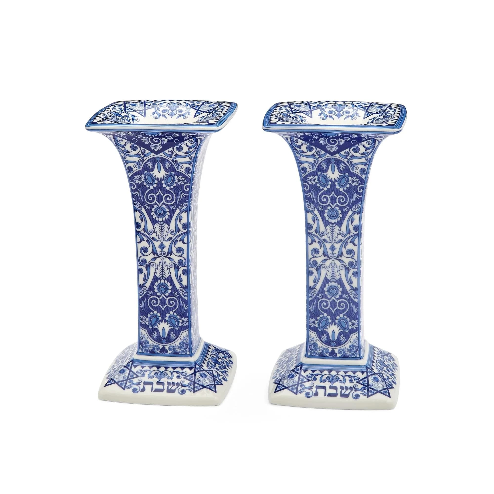 Spode Judaica Sabbath Candlesticks Set of 2 | Elegant Blue & White Ceramic Candle Holders for Shabbat & Holidays — Blue/White