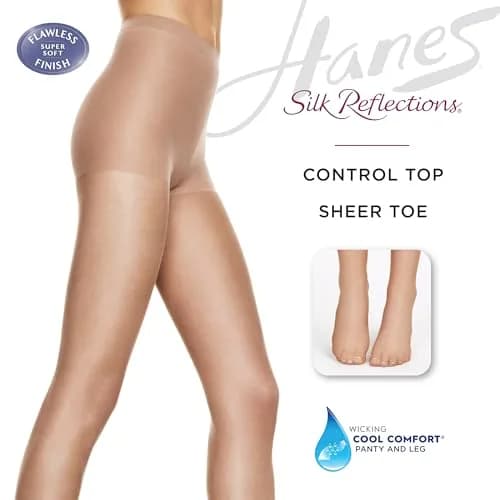 Hanes Silk Reflections Control Top Sheer Toe Pantyhose | Silky Sheer, Soft Taupe, Size C-D thumbnail 4