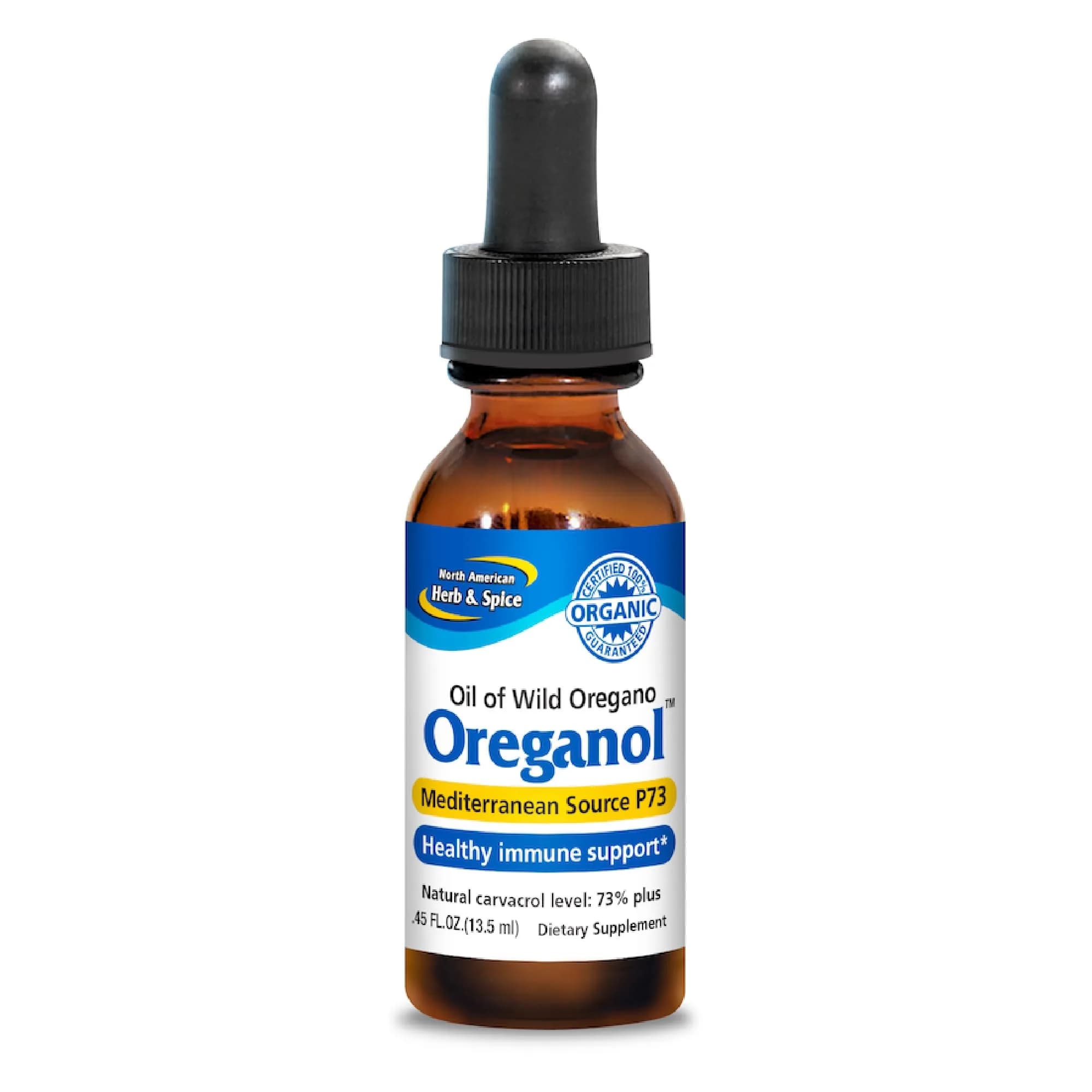 NORTH AMERICAN HERB & SPICE Oreganol P73 Wild Oregano Oil 0.45 fl oz (13 ml) | Mediterranean Source, Non-GMO, Organic - main product image