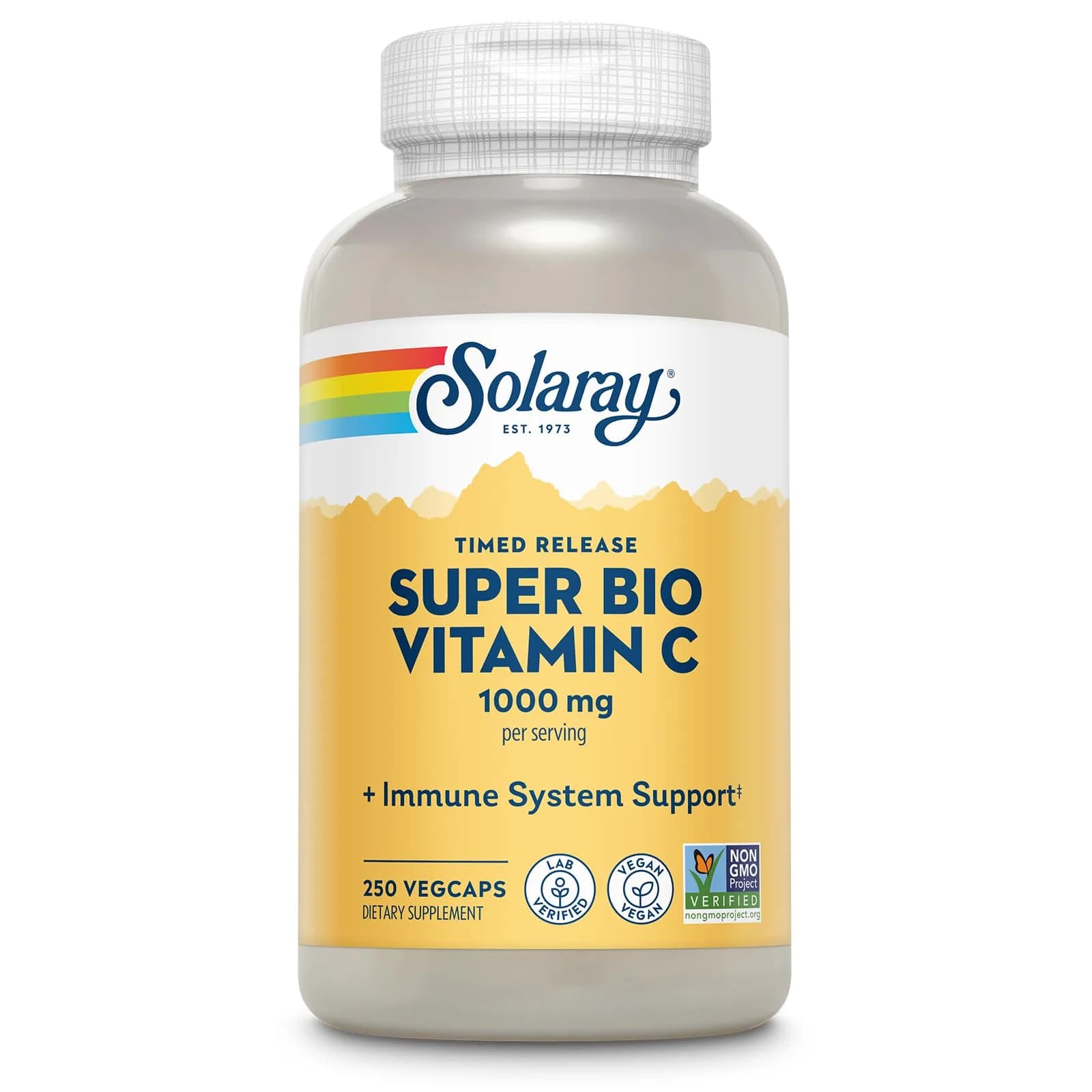 SOLARAY Super Bio Buffered Vitamin C 1000 mg Time Release | Vegan, 250 VegCaps, Supports Immunity & Heart — No Color