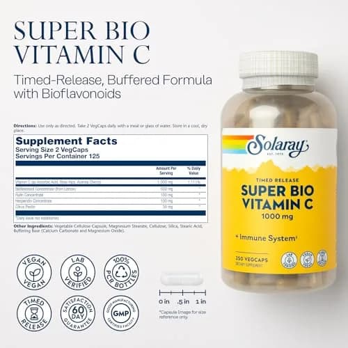 SOLARAY Super Bio Buffered Vitamin C 1000 mg Time Release | Vegan, 250 VegCaps, Supports Immunity & Heart thumbnail 2