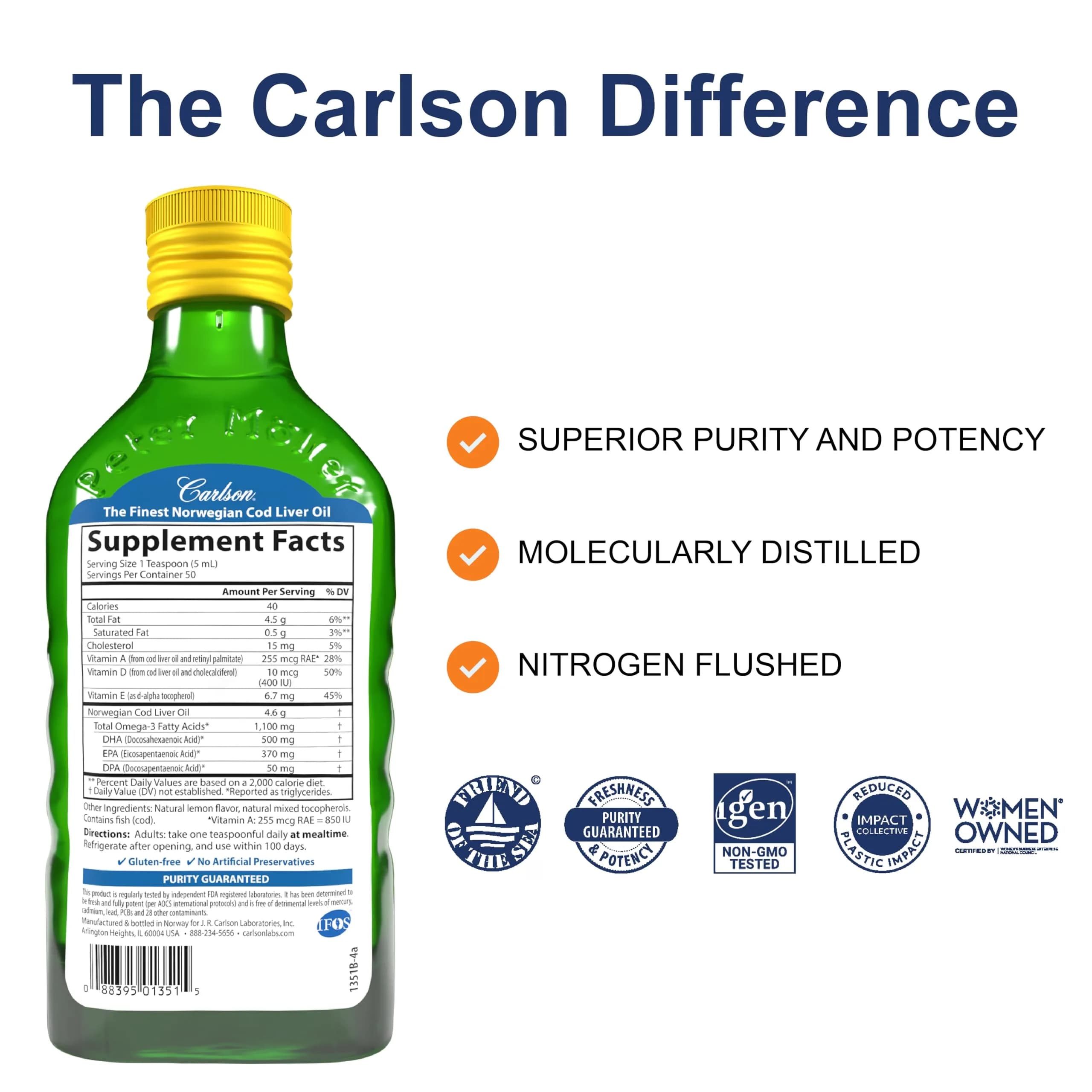 Carlson Cod Liver Oil Liquid 250ml (8.4 Fl Oz) | Heart, Brain, Vision & Joint Health Support - view 2